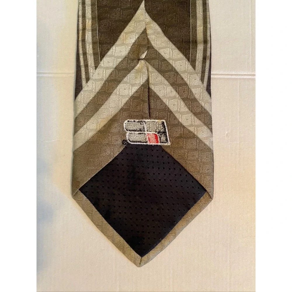 Alberto Zerra Rome New York Mens Tie Brown Geometric FB Logo Silk Blend 4 Inch